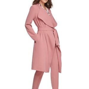 DKNY Dusky Rose Pink Draped Lapel Belted Midi Length Dressy Trench Coat 14